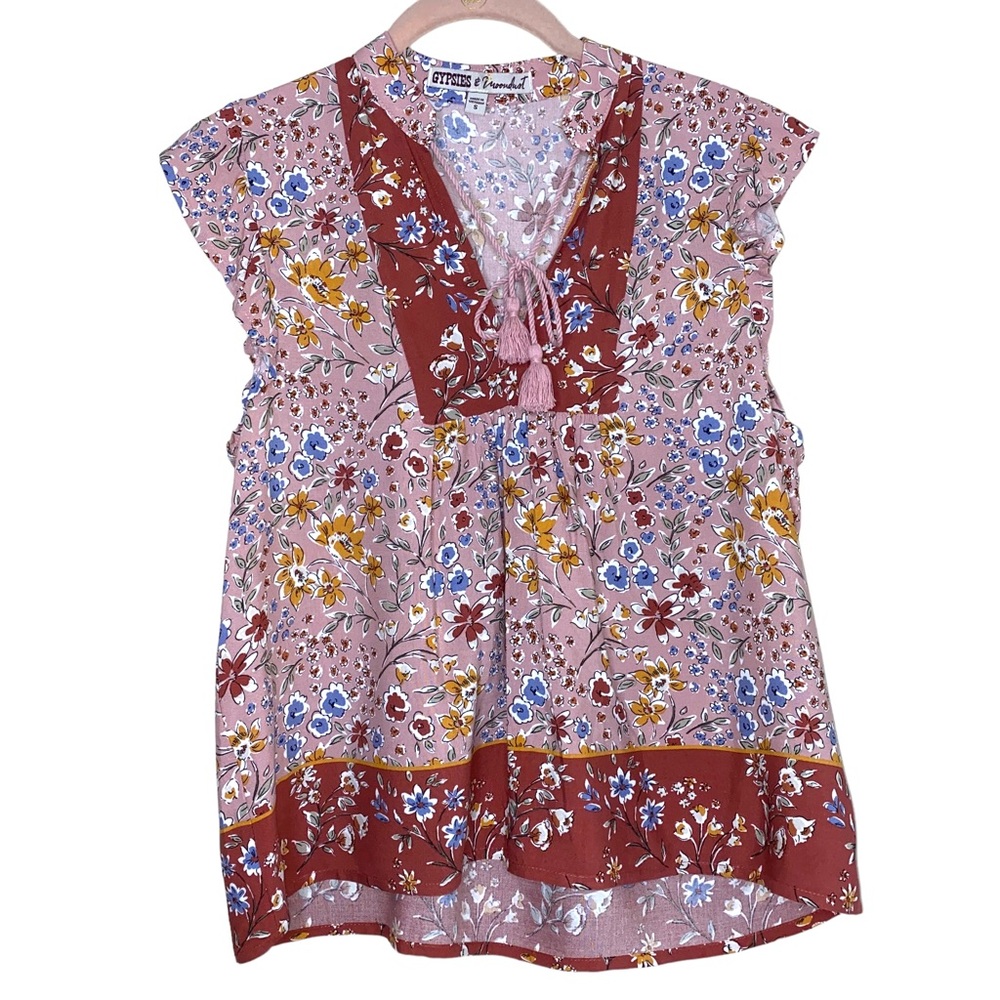 Floral Ruffle Capped Sleeveless Blouse